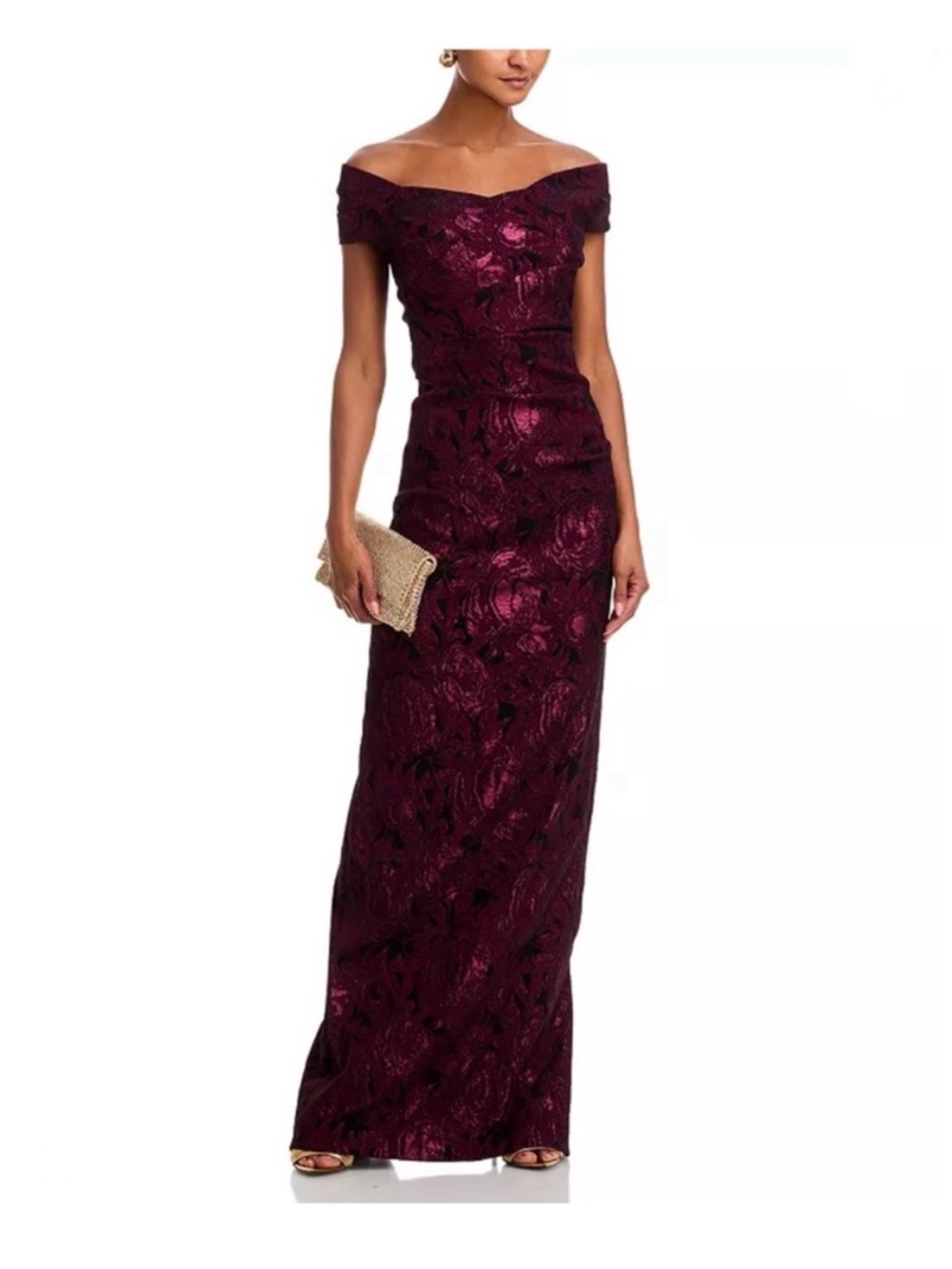 NWT Teri Jon Floral Jacquard Off-the-Shoulder Ruched Gown Sz 6 8 Black Merlot